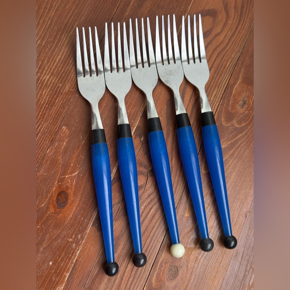 Set of 5 Vintage Forks Cutlery Post Modern Memphis Style Blue Black White